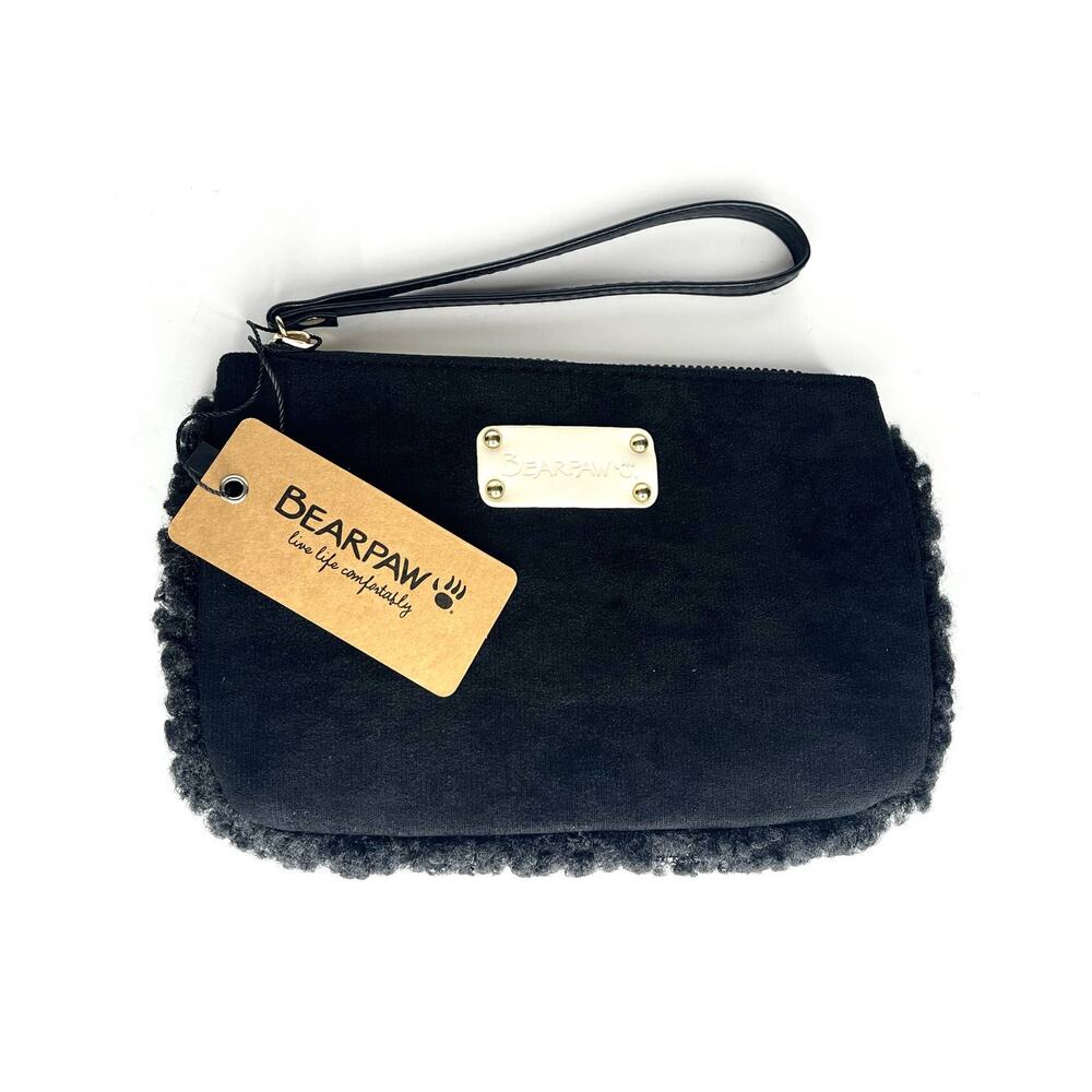 Bearpaw Wristlet Black Faux Fur Vegan Suede Sherpa Handbag Purse Mini Bag New